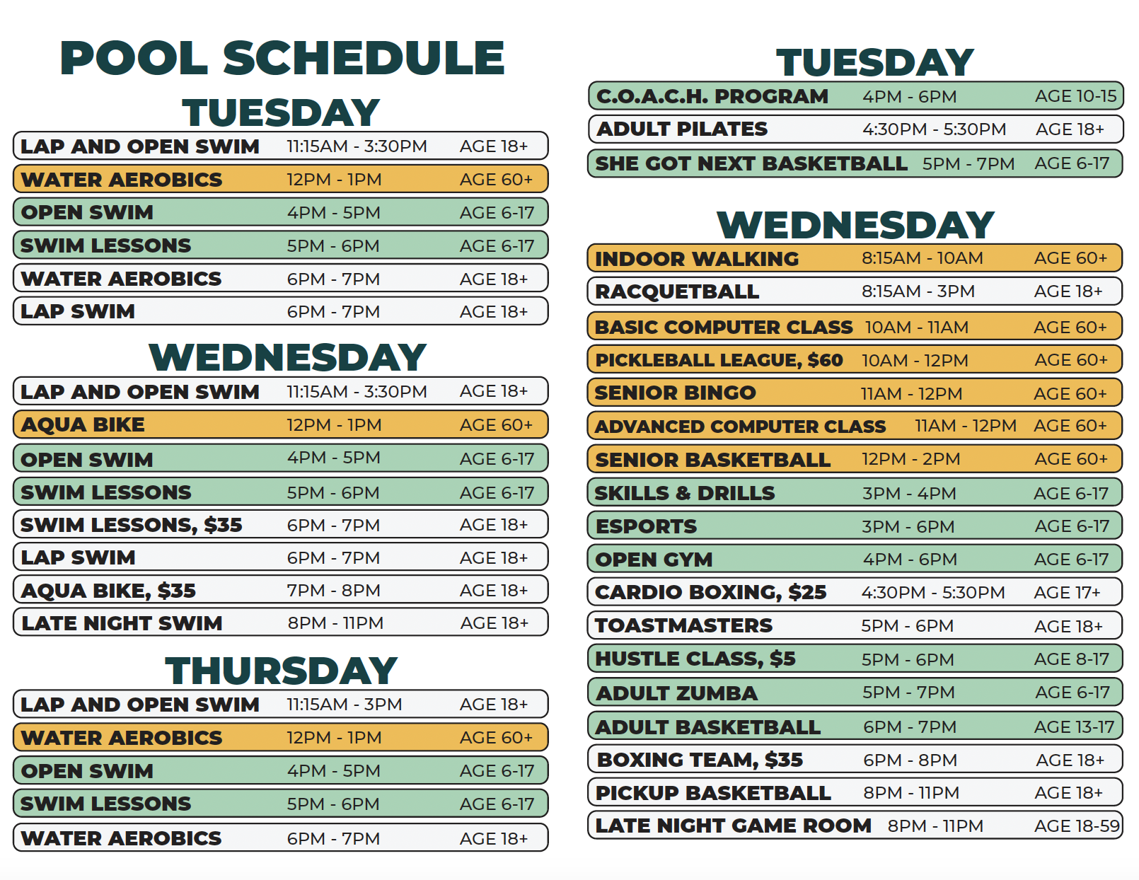 Coleman A. Young Recreation Center Summer 2026 Dryland and Pool Schedule(Tuesday-Wednesday; Tuesday-Thursday) 