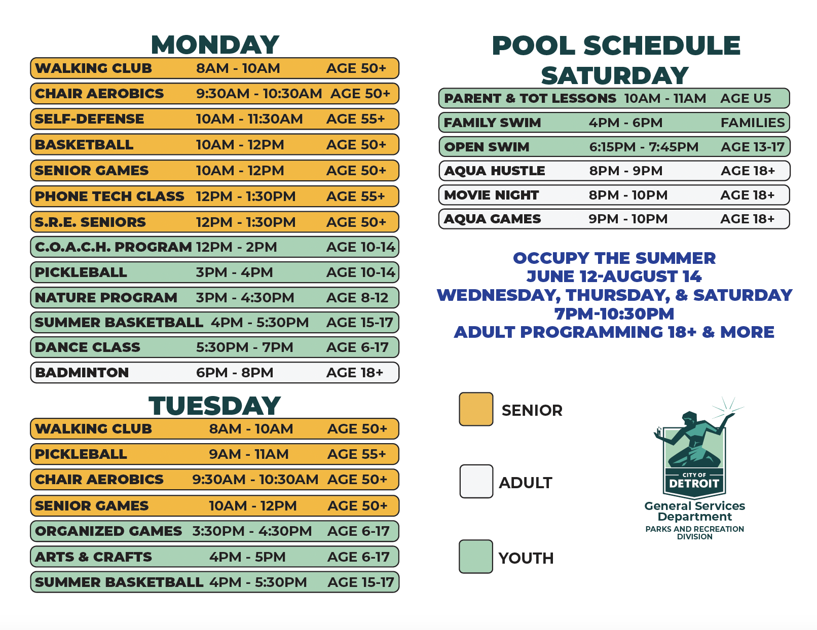 Monday and Tuesday Summer 2026 Dryland Schedule and Saturday Pool Schedule for Heilmann Recreation Center