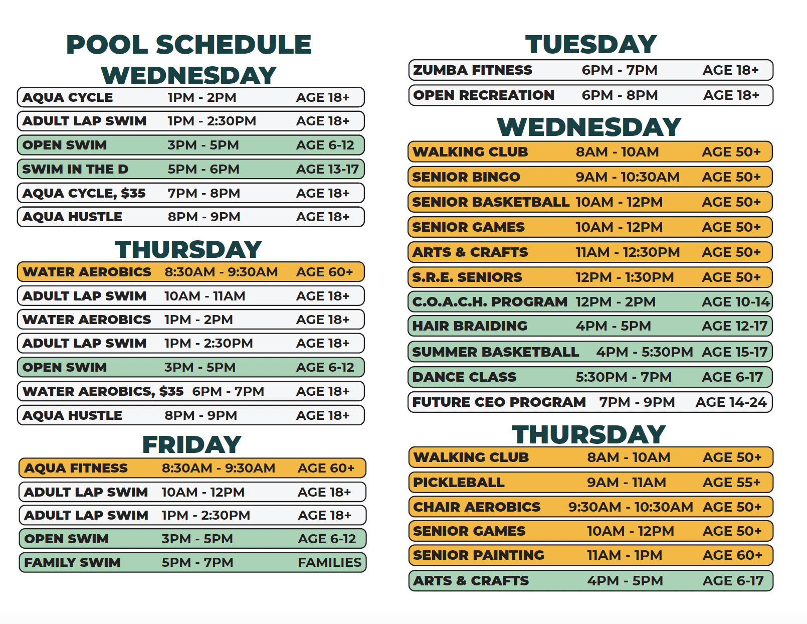 The Tuesday-Thursday Dryland and Wednesday to Friday Pool Schedule Heilmann Recreation Center for Summer 2026