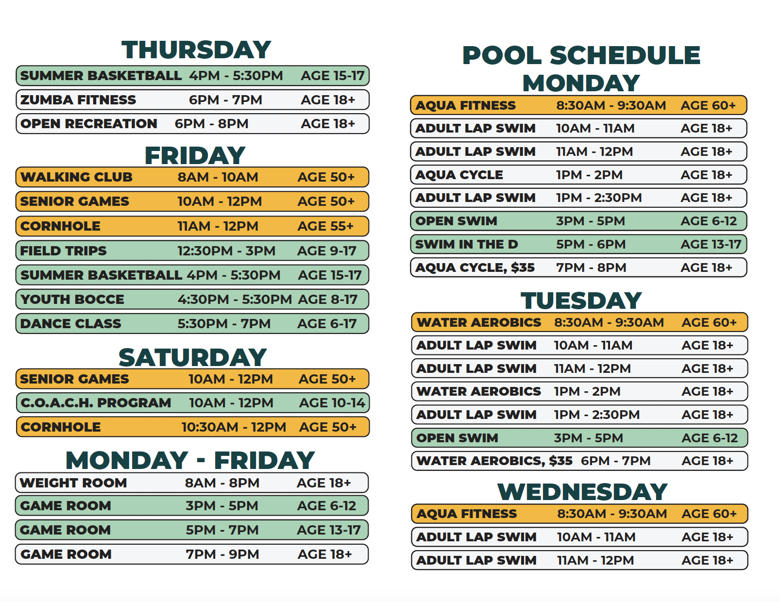 The Thursday - Saturday Dryland and Monday - Wednesday Pool Schedule for Heilmann Recreation Center Summer 2026