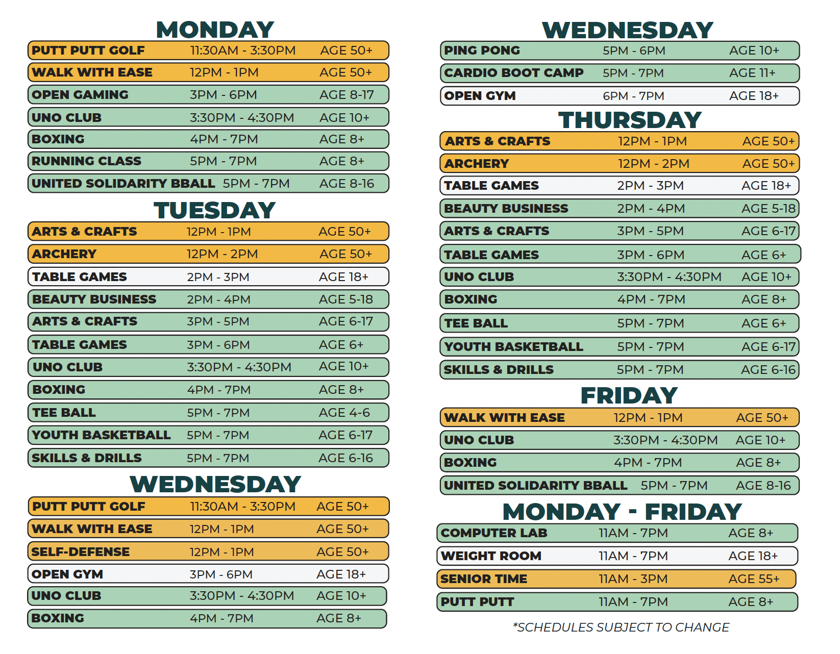The Monday to Friday Summer 2026 Schedule for Lasky Recreation Center