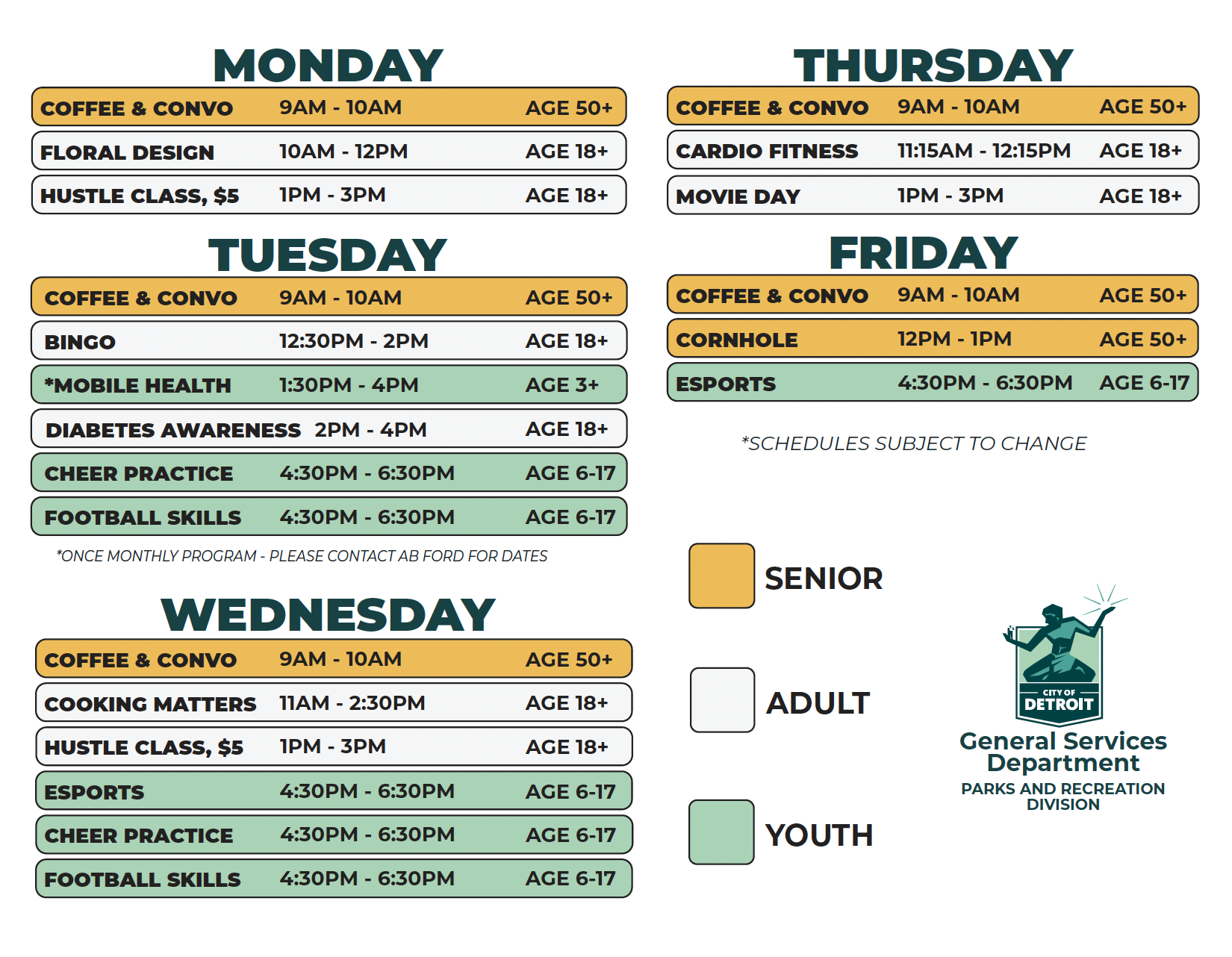 AB Ford Community Center Summer 2026 Schedule Monday - Friday