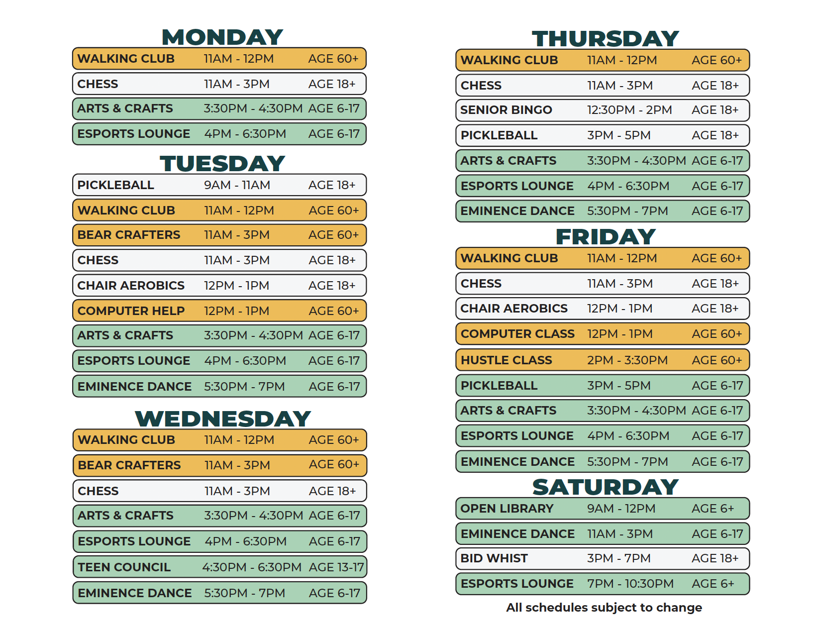 Monday - Friday Summer 2026 Schedule for Butzel Family Center 