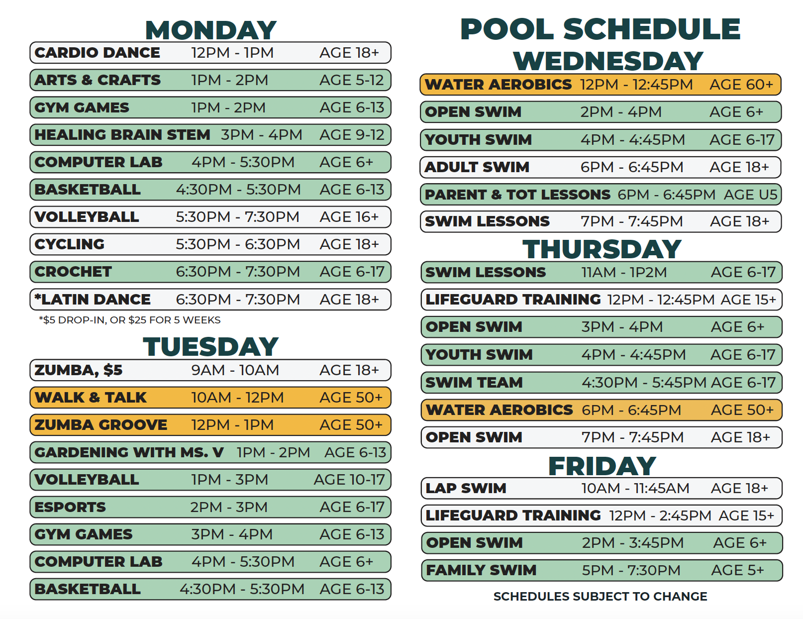 The Monday and Tuesday Summer 26 schedule for Patton Recreation Center