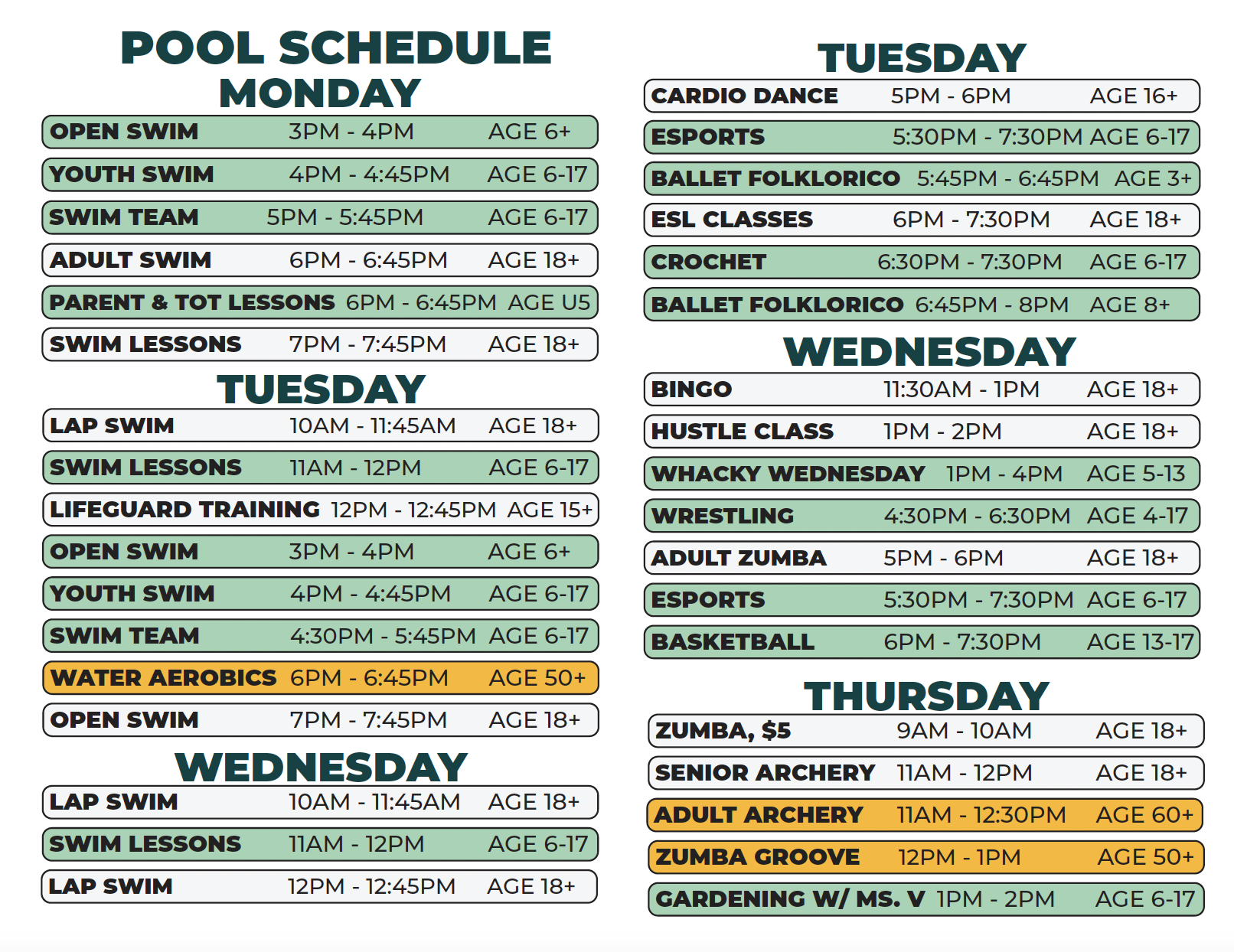 The Tuesday-Thursday Dryland Schedule and Monday-Wednesday Pool Schedule for Patton Recreation Center