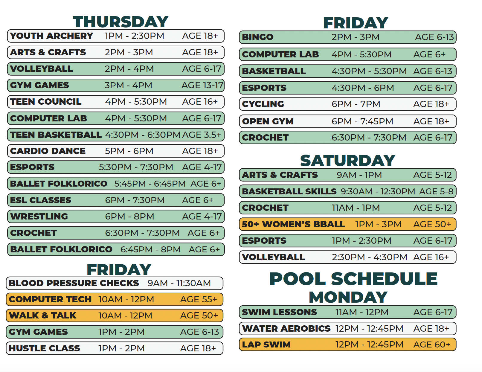 Thursday-Saturday Dryland Schedule and Monday/Tuesday Pool 2026 Summer Schedule for Patton Recreation Center