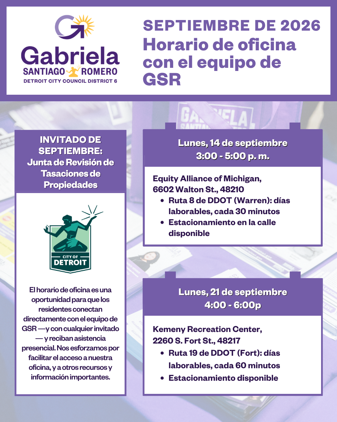 September 2026 Office Hours Flyer for Council Member Santiago-Romero in Spanish