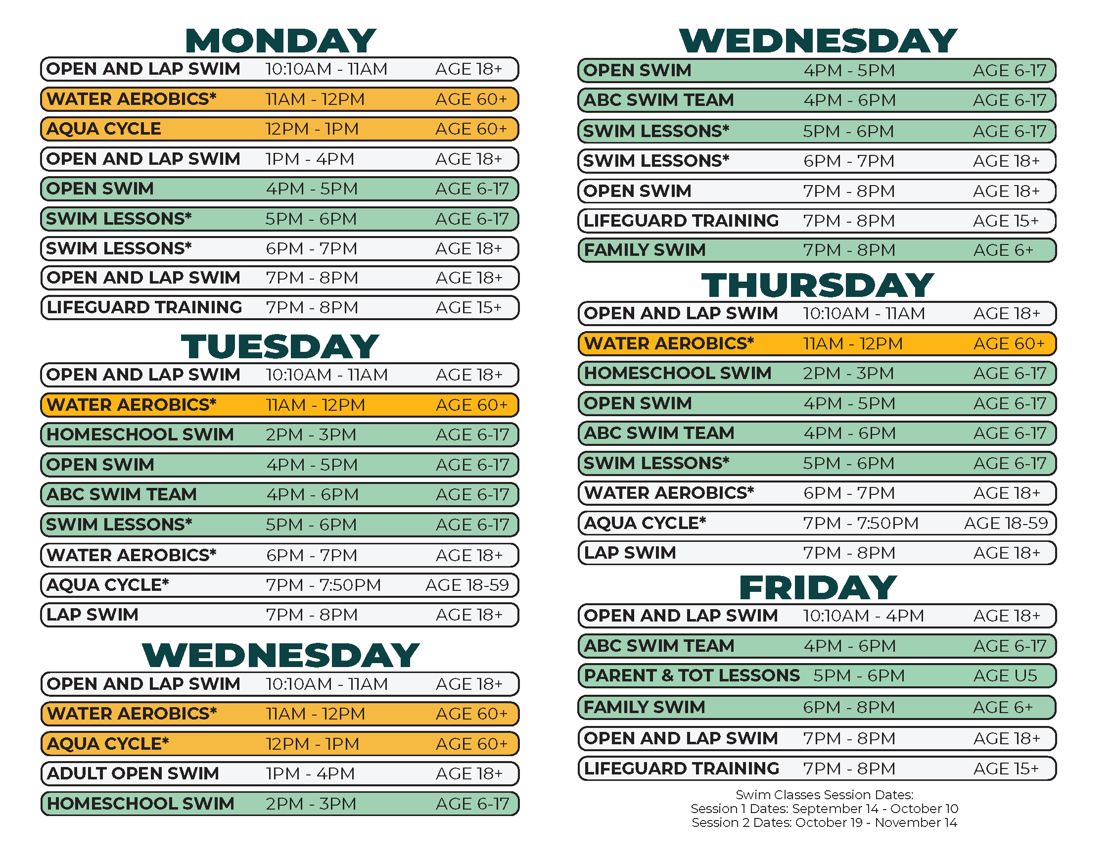 Adams Butzel Complex Fall 2026 Swim Schedule