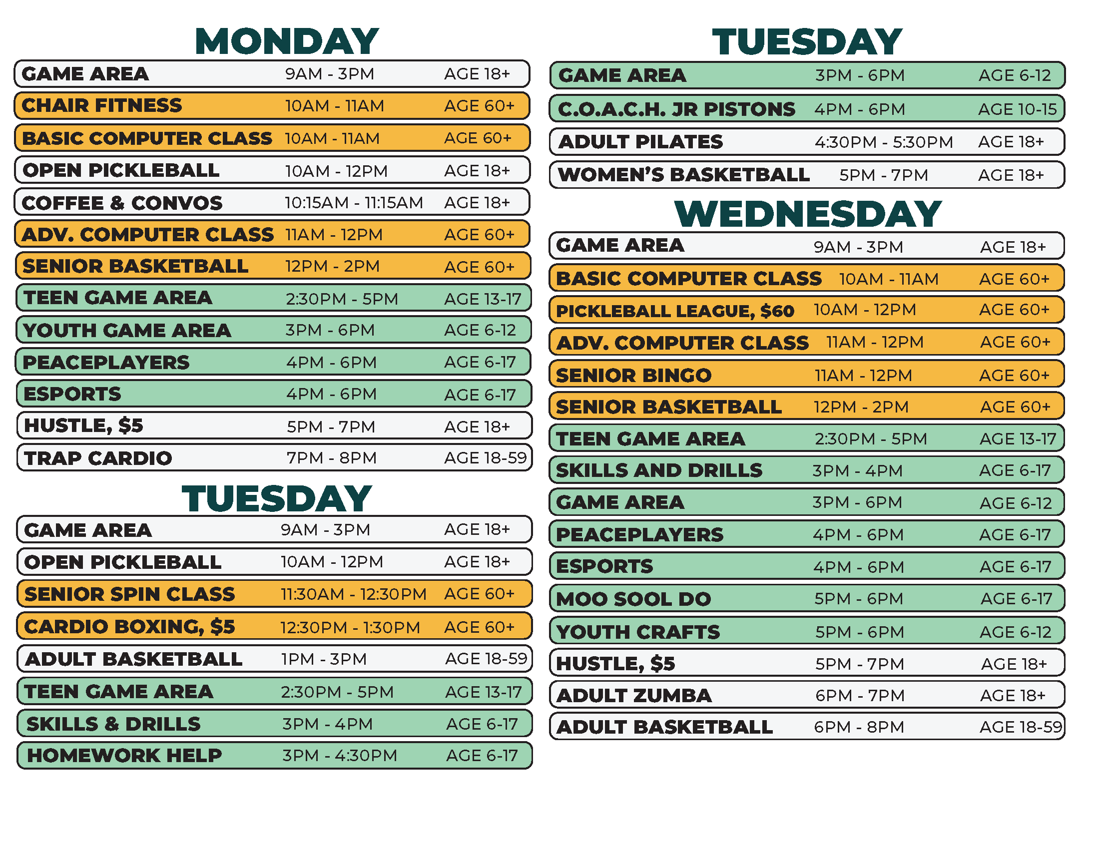 Coleman A. Young Recreation Center Fall 2026 Schedule Monday - Wednesday