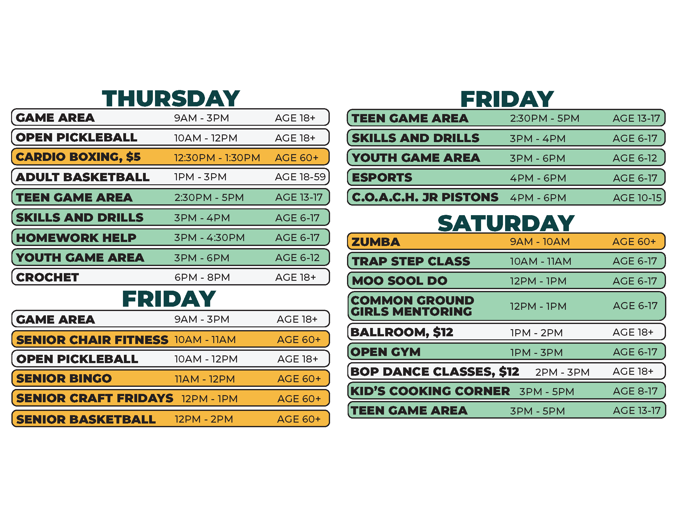 Coleman A. Young Recreation Center Fall 2026 Schedule Thursday - Saturday