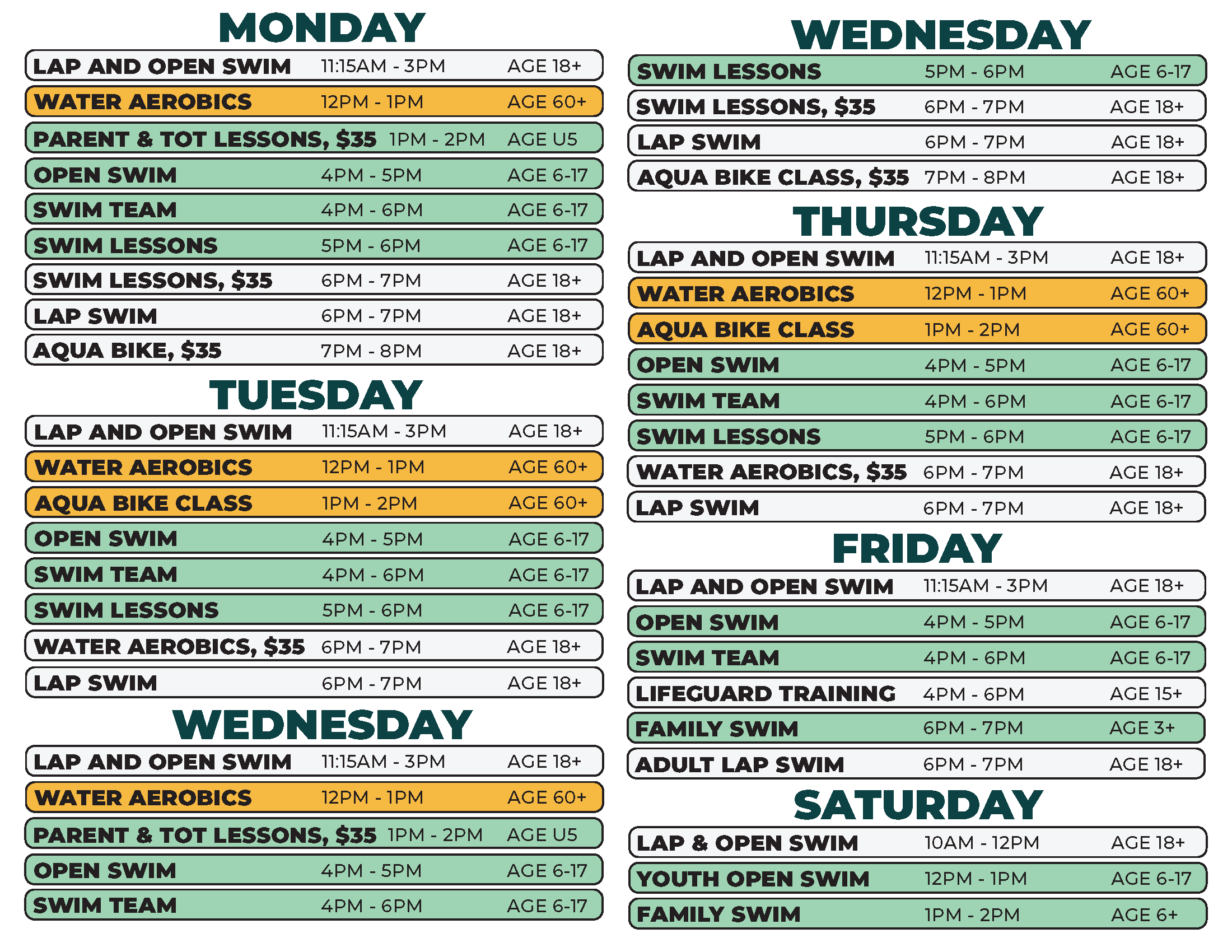 Coleman A. Young Recreation Center Fall 2026 Swim Schedule