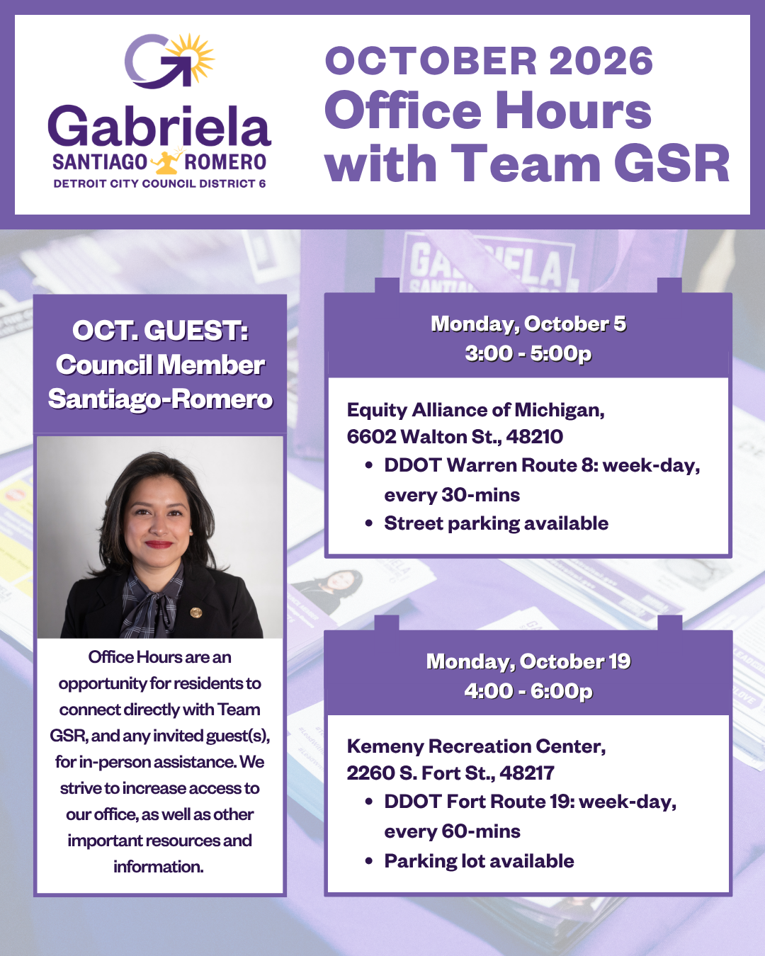 Office Hours Flyer for October for Council Member Santiago-Romero in English