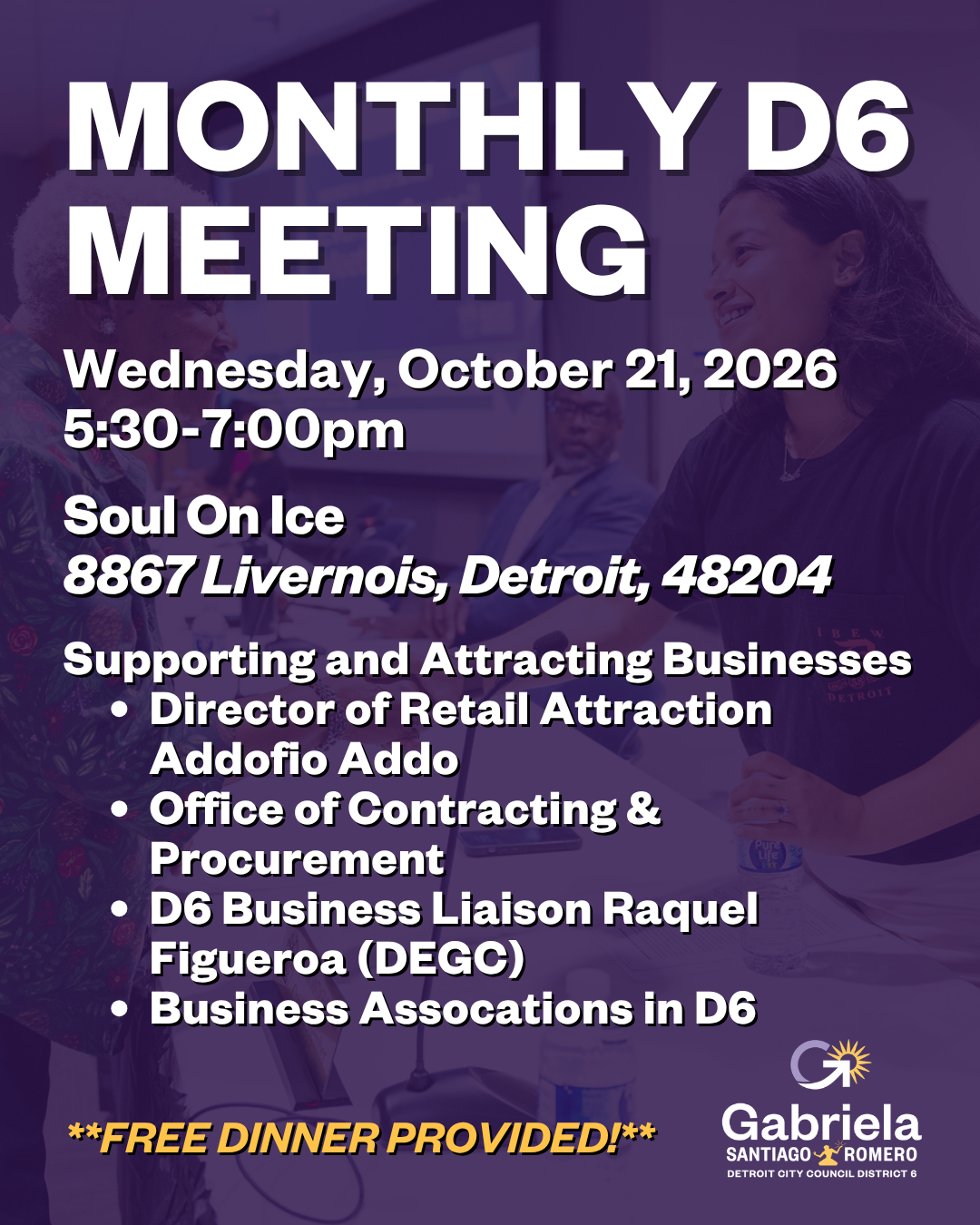 Council Member Santiago-Romero's October 2026 Monthly Meeting Flyer in English
