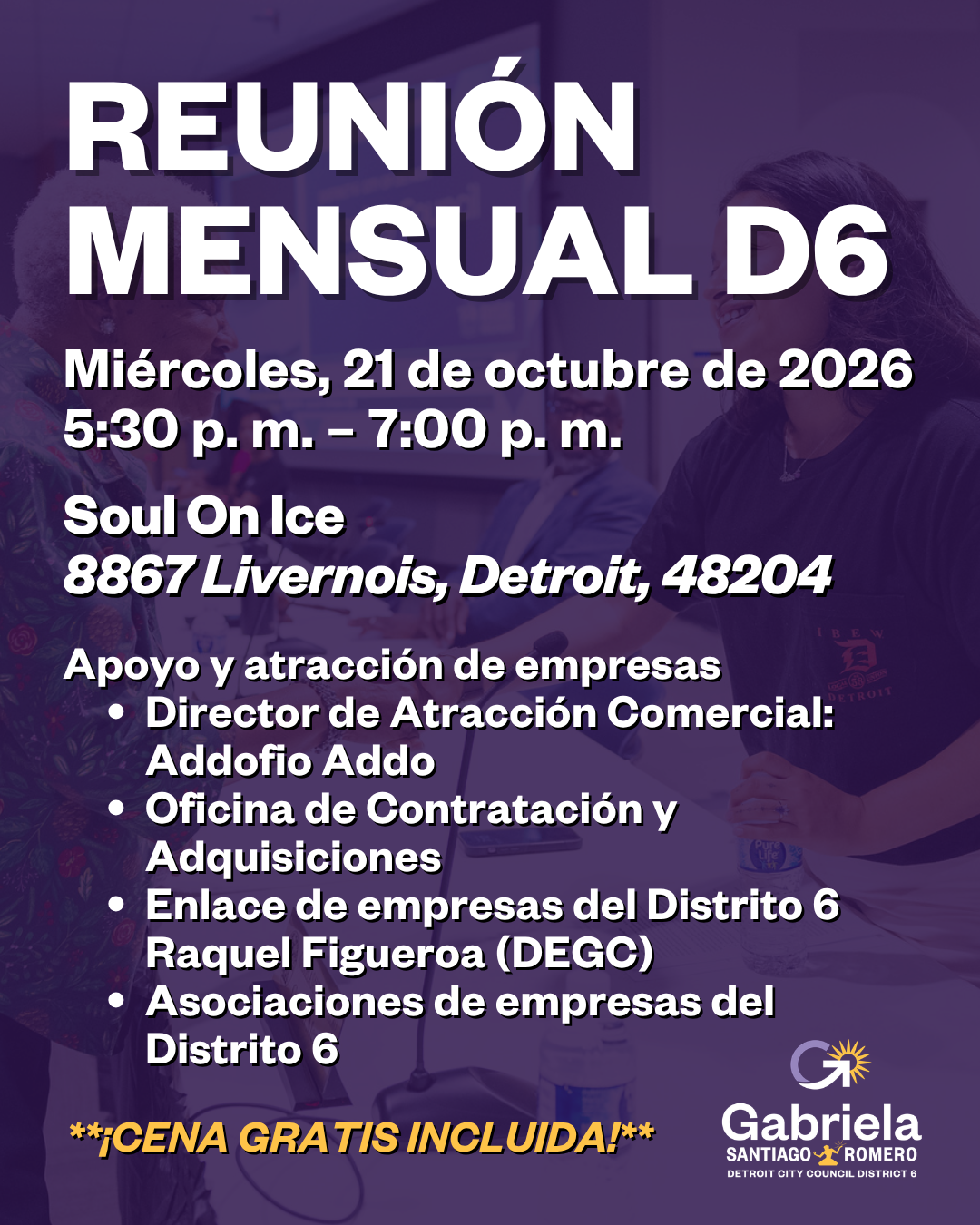 Council Member Santiago-Romero's October 2026 Monthly Meeting Flyer in Spanish