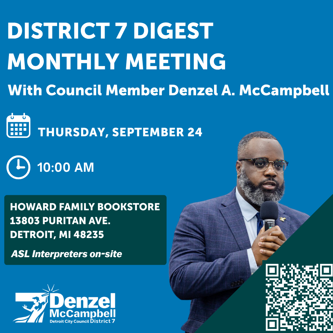 Blue and green graphic featuring Council Member McCampbell holding a mic and details about the monthly meeting. 