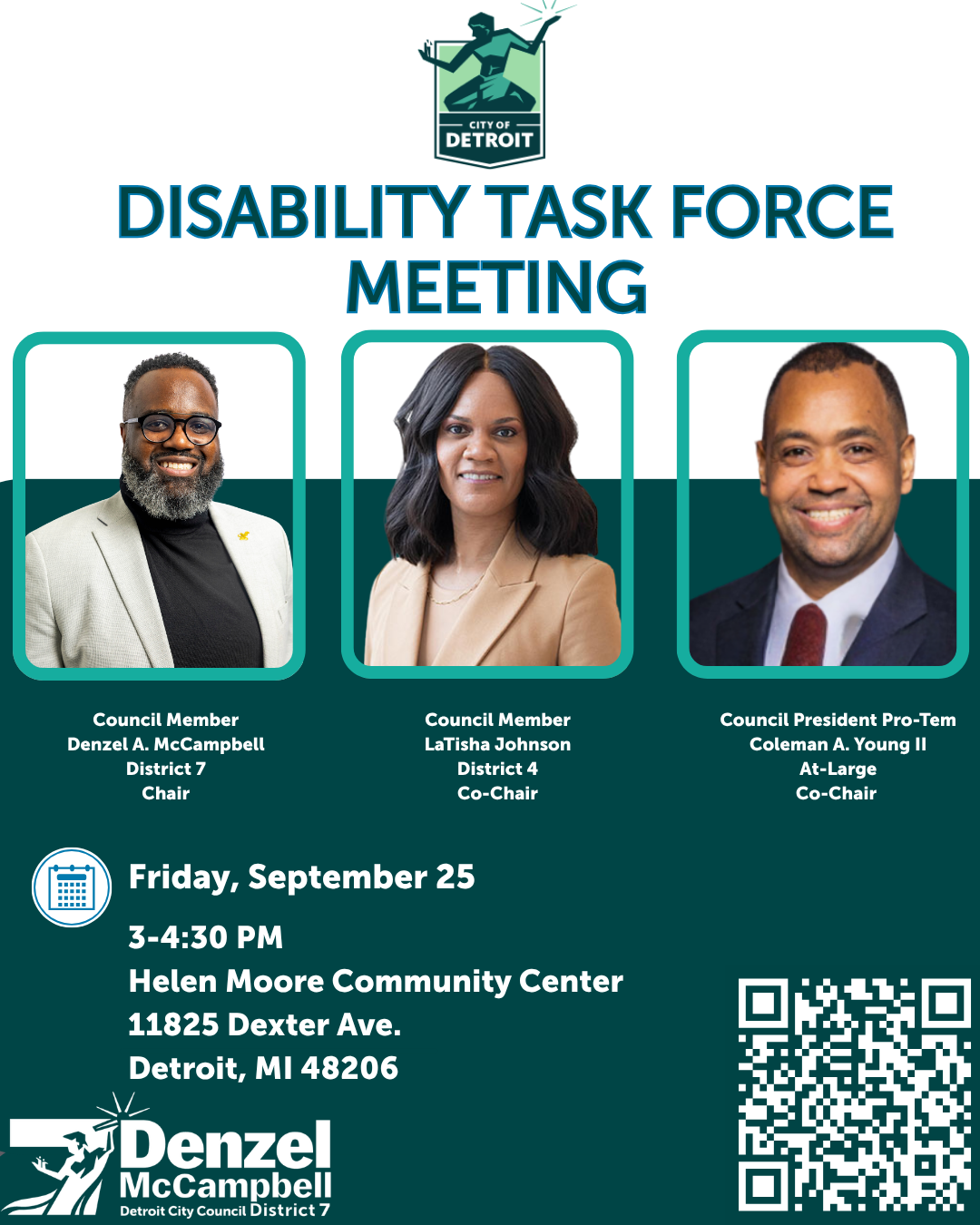 Green and white graphic featuring Council Members McCampbell, Johnson, and Pro Tem Young. Details about the task force meeting and a QR code to scan for registration. 