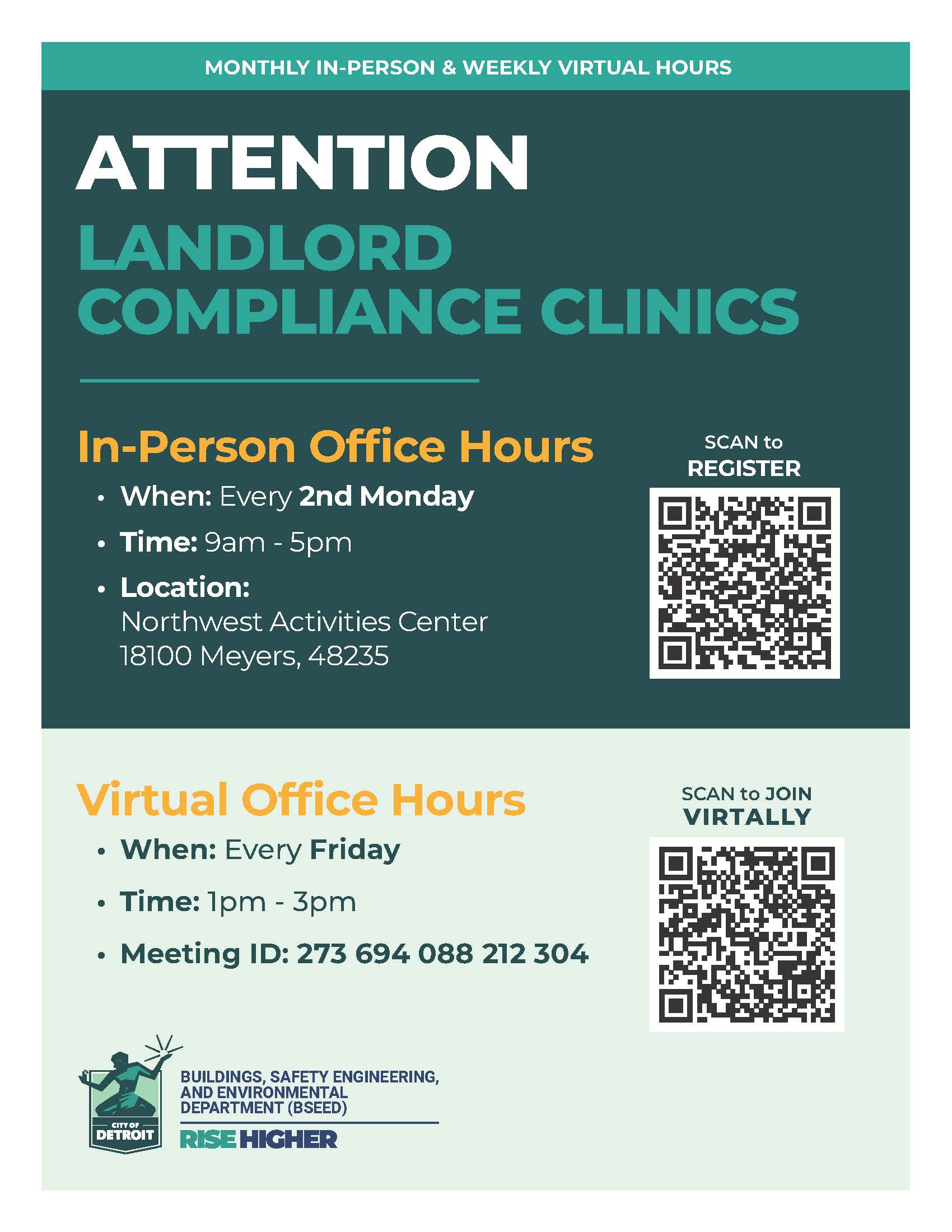 Landlord Compliance Clinics Flyer with Registration information