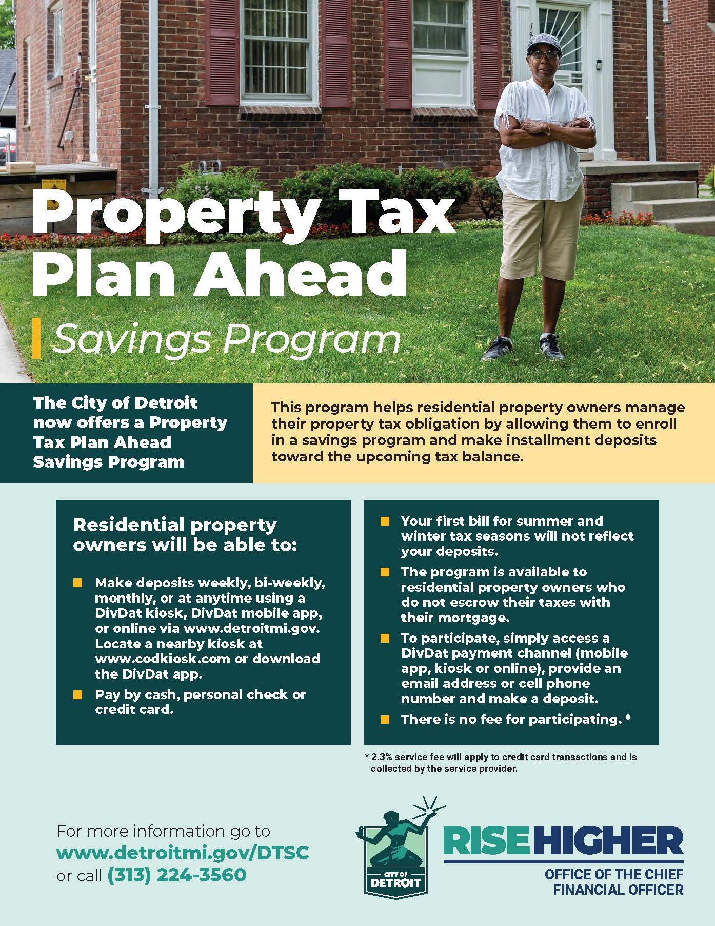 Flyer with woman standing in front of home, with text on picture about Property Tax Plan Ahead program
