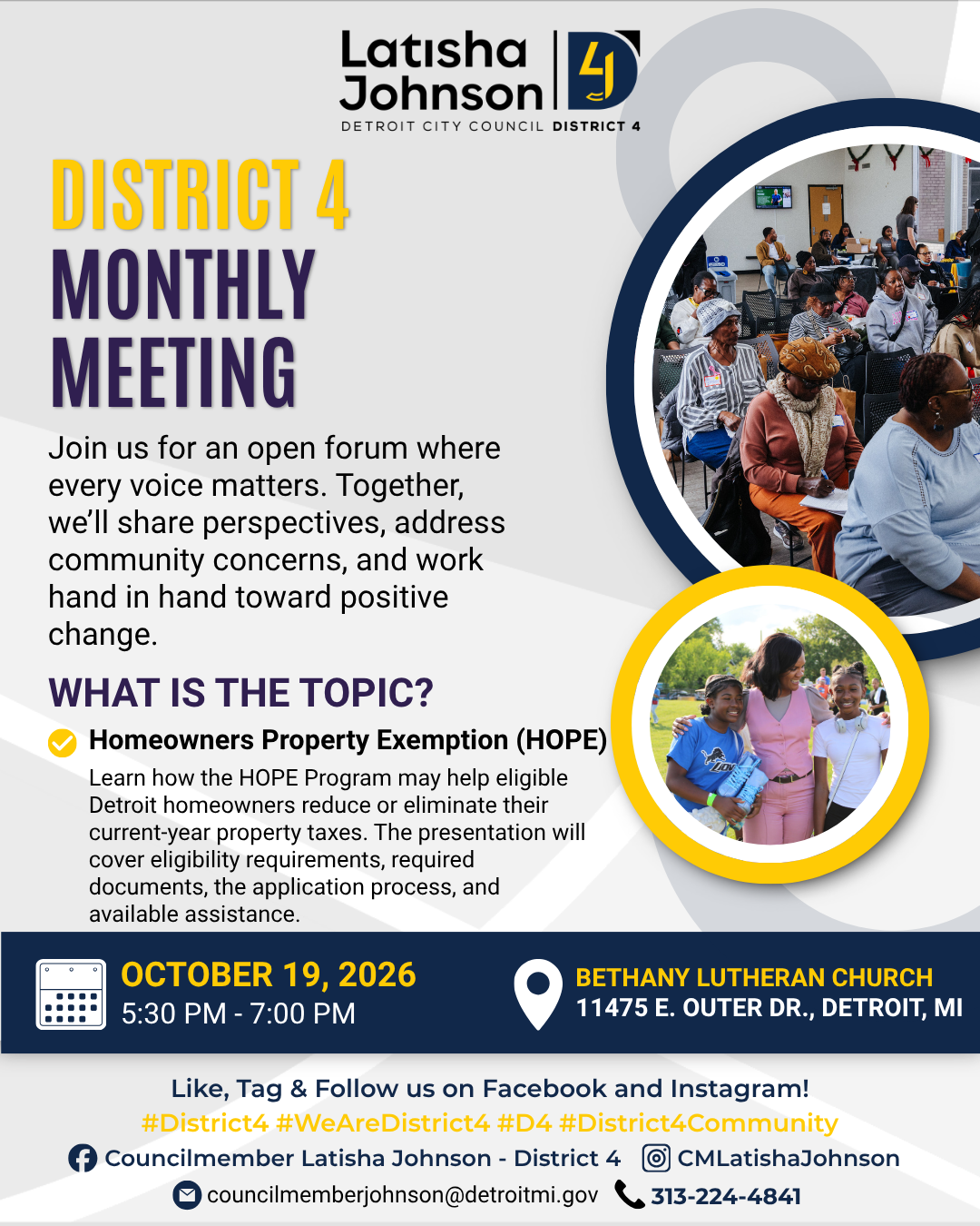 a flier with meeting info and a picture of a group of residents and councilwoman johnson next to 2 young girls